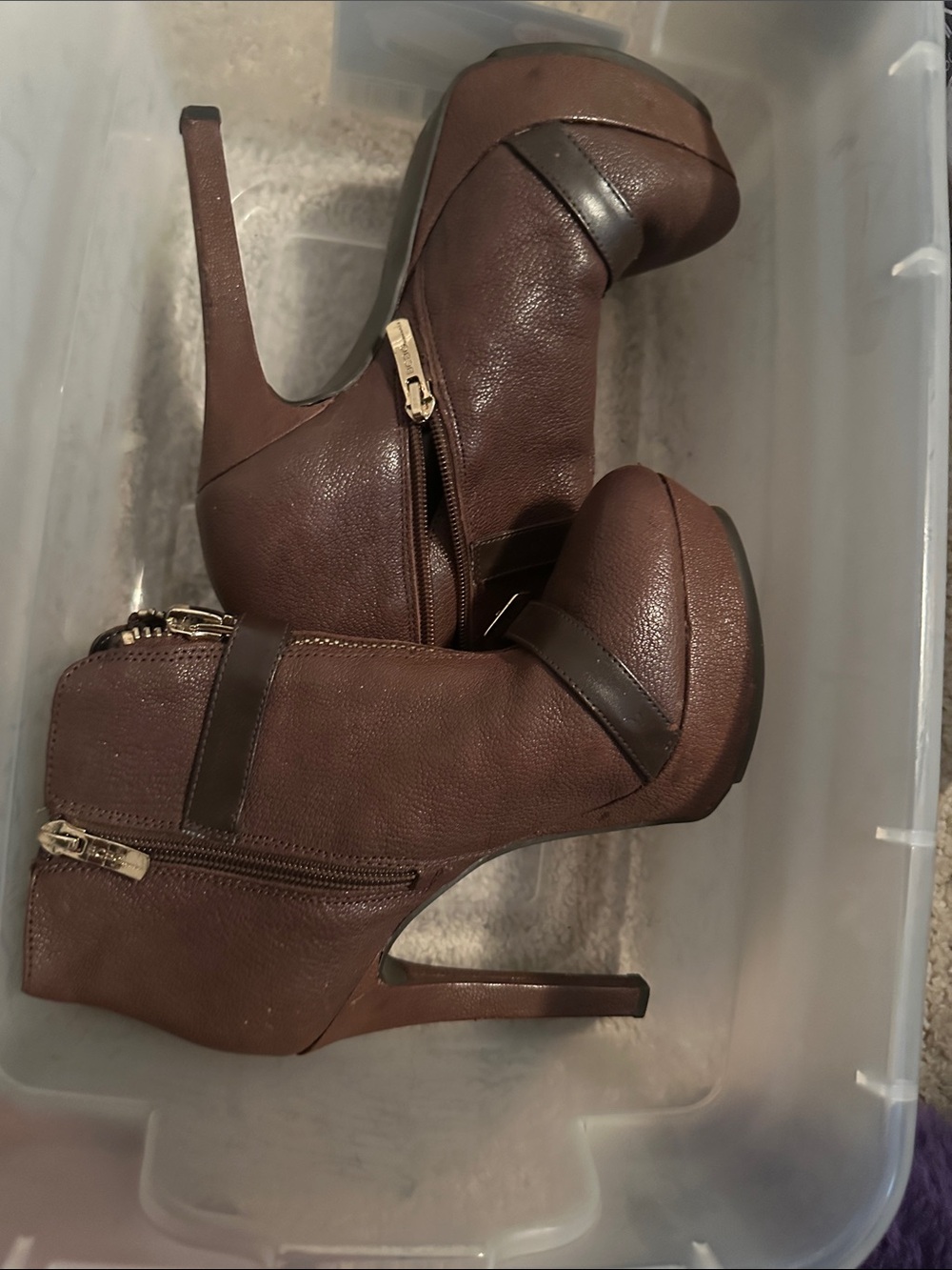 BCBGeneration Dark Brown Platform Stiletto Ankle Boots with Gold Zippers